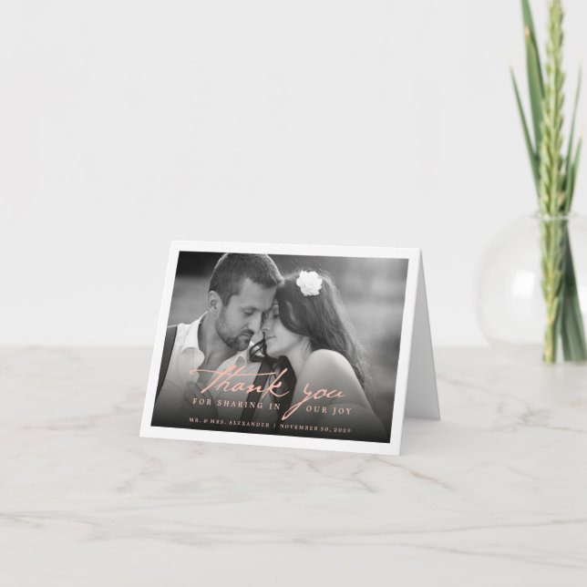 Romantic Handwriting Pink Script Photo Wedding Thank You Card (Front)