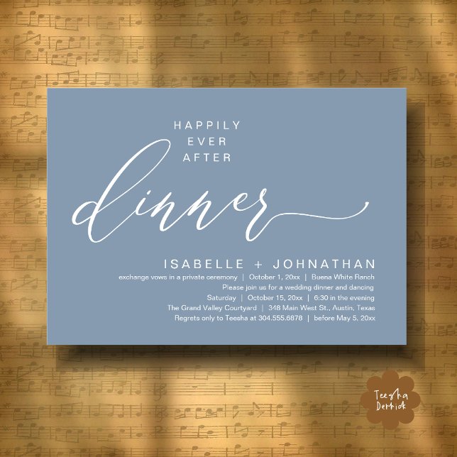 Romantic Happily Ever After Dinner Elopement Party Invitation (Romantic Modern Happily Ever After Party Elopement Dinner Invitation Card PDF in Classy Dusty Blue)