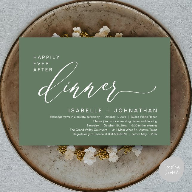Romantic Happily Ever After Dinner Elopement Party Invitation (Romantic Modern Happily Ever After Party Elopement Dinner Invitation Card PDF in Rustic Sage Green)