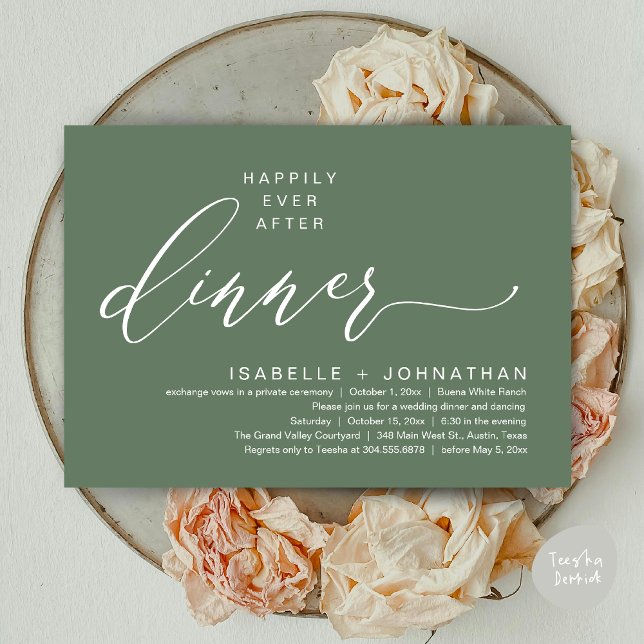 Romantic Happily Ever After Dinner Elopement Party Invitation (Romantic Modern Happily Ever After Party Elopement Dinner Invitation Card PDF in Rustic Sage Green)