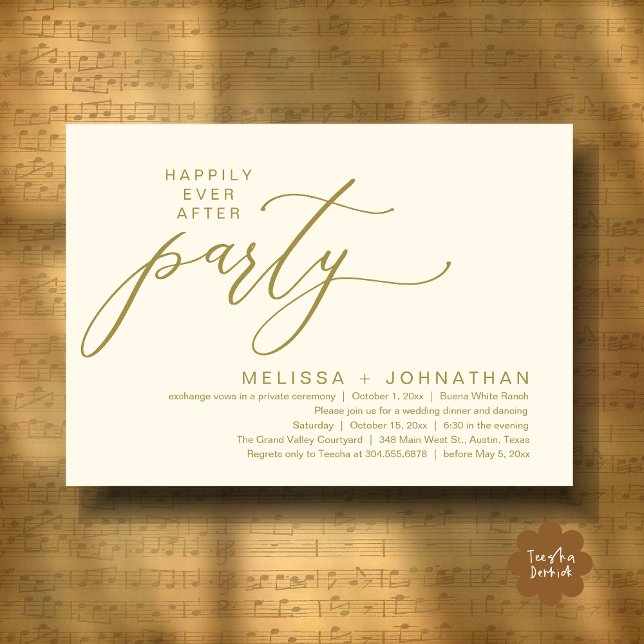 Romantic Happily Ever After Party Elopement Dinner Invitation (Romantic Modern Happily Ever After Party Elopement Dinner Invitation Card PDF in Classy Yellow Gold)