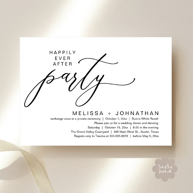 Romantic Happily Ever After Party Elopement Dinner Invitation (Romantic Modern Happily Ever After Party Elopement Dinner Invitation Card PDF in Classy Black White)