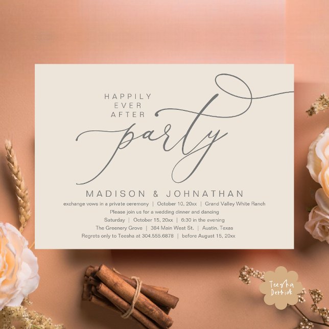 Romantic Happily Ever After Party, Wedding Dinner Invitation (Happily Ever After Party, Romantic Wedding Dinner Invitation Card PDF aesthetic Cream Grey)