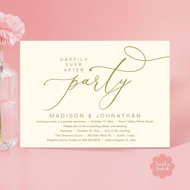 Romantic Happily Ever After Party, Wedding Dinner Invitation (Happily Ever After Party, Romantic Wedding Dinner Invitation Card PDF aesthetic Yellow Gold)