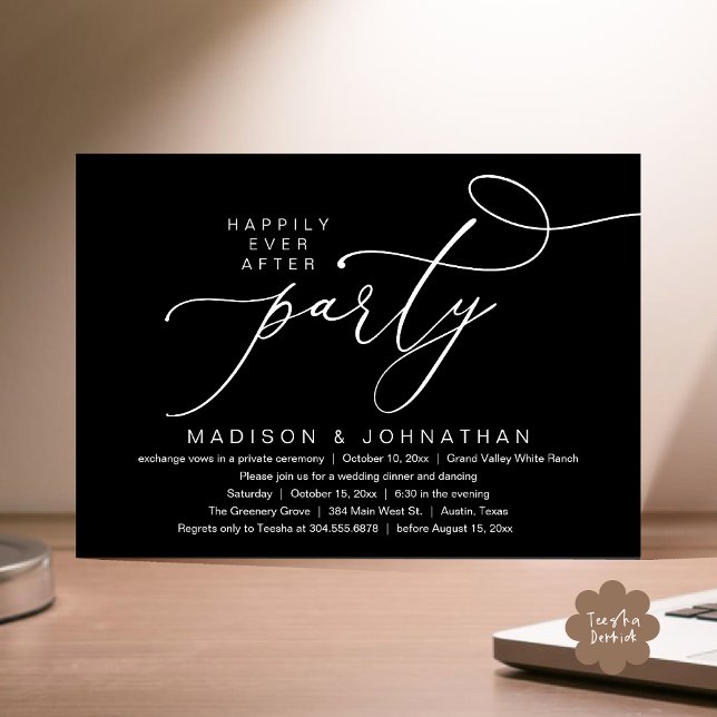 Romantic Happily Ever After Party, Wedding Dinner Invitation (Happily Ever After Party, Romantic Wedding Dinner Invitation Card PDF aesthetic Classy Black White)