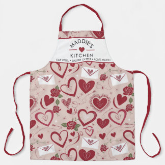 Romantic Heart and Roses Seamless Pattern Design Apron