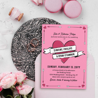 Romantic Heart Arrows & Ribbon Casual Wedding Invitation