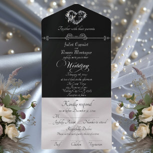 Romantic Heart & Calligraphy - Black/Silver All In One Invitation