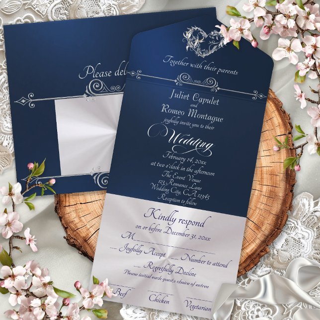 Romantic Heart & Calligraphy - Blue/Silver All In One Invitation (Creator Uploaded)