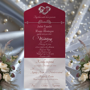 Romantic Heart & Calligraphy - Burgundy/Silver All In One Invitation