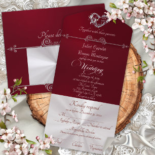 Romantic Heart & Calligraphy - Burgundy/Silver All In One Invitation