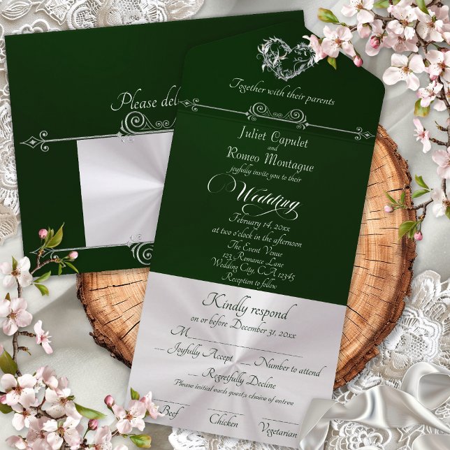 Romantic Heart & Calligraphy - Emerald/Silver All In One Invitation (Creator Uploaded)
