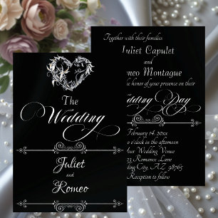Romantic Heart & Calligraphy on Black - Wedding Invitation