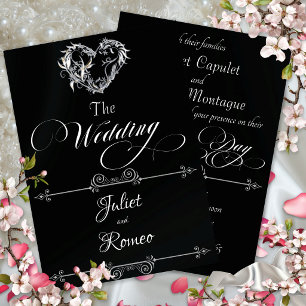 Romantic Heart & Calligraphy on Black - Wedding Invitation