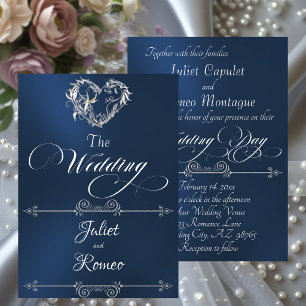 Romantic Heart & Calligraphy on Blue - Wedding Invitation