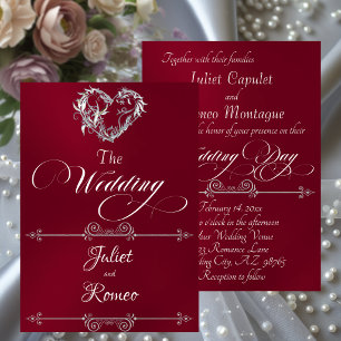 Romantic Heart & Calligraphy on Burgundy - Wedding Invitation