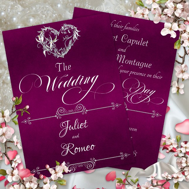 Romantic Heart & Calligraphy on Plum - Wedding Invitation (Creator Uploaded)