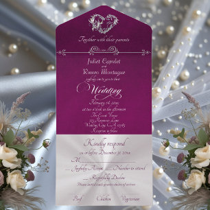 Romantic Heart & Calligraphy - Purple/Silver All In One Invitation