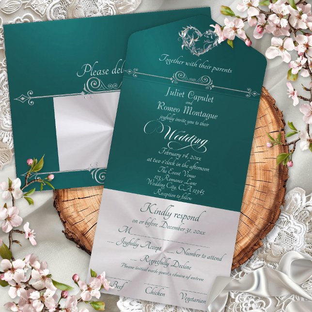 Romantic Heart & Calligraphy - Teal/Silver All In One Invitation (Creator Uploaded)