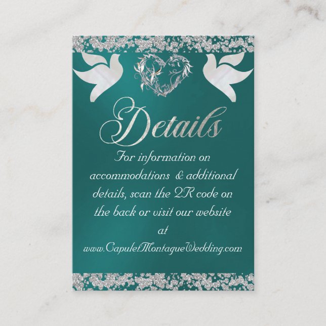 Romantic Heart, Dove & Glitter, QR Code on Teal Enclosure Card (Front)