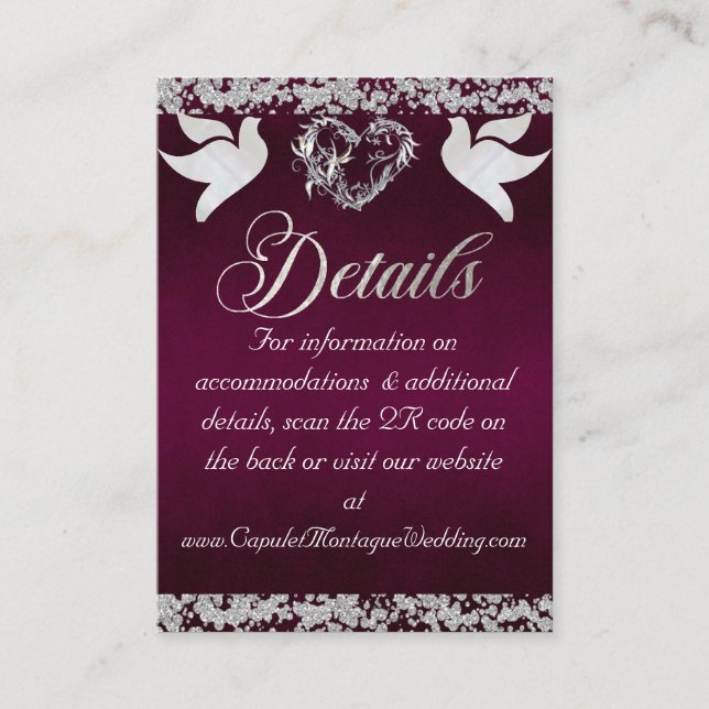Romantic Heart, Dove & Glitter, QR Code - Plum Enclosure Card (Front)