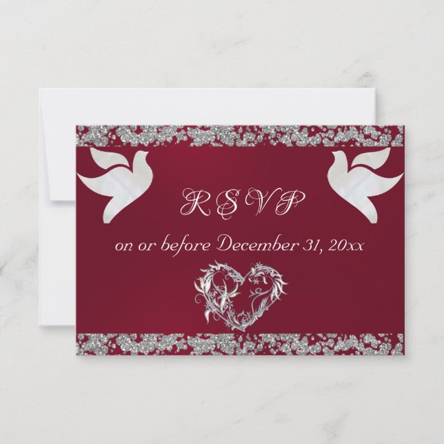 Romantic Heart, Doves & Glitter - Burgundy RSVP Card (Front)