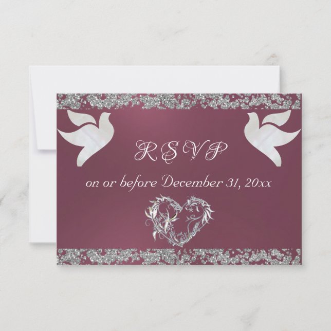 Romantic Heart, Doves & Glitter - Lavender RSVP Card (Front)