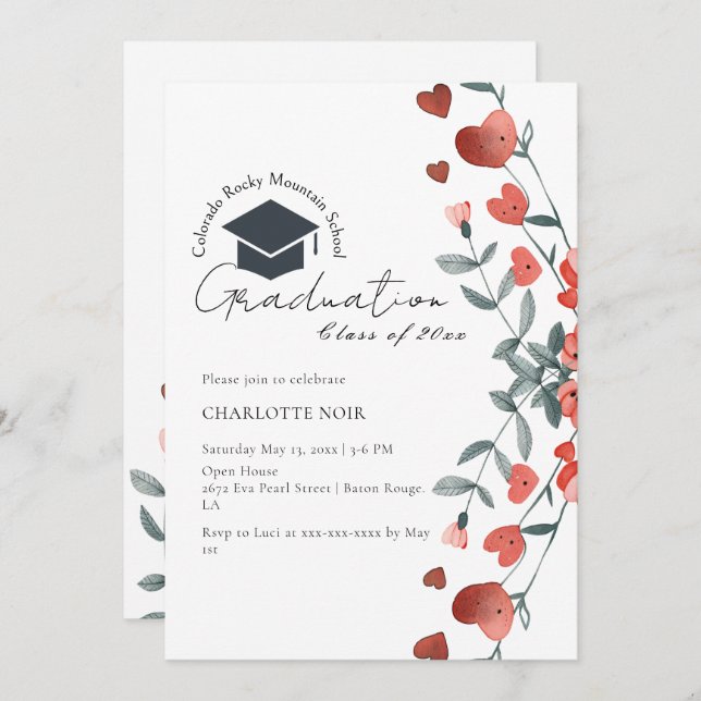 Romantic Heart Floral Spring Graduation Invitation (Front/Back)