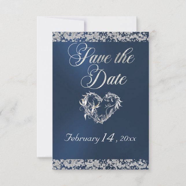Romantic Heart & Glitter on Blue Save The Date (Front)