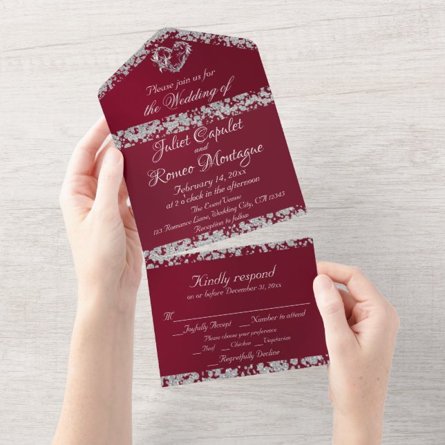 Romantic Heart & Glitter on Burgundy All In One Invitation (Tearaway)