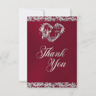 Romantic Heart & Glitter on Burgundy Thank You Card
