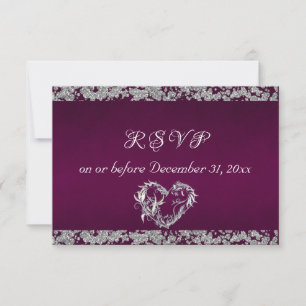 Romantic Heart & Glitter on Plum RSVP Card