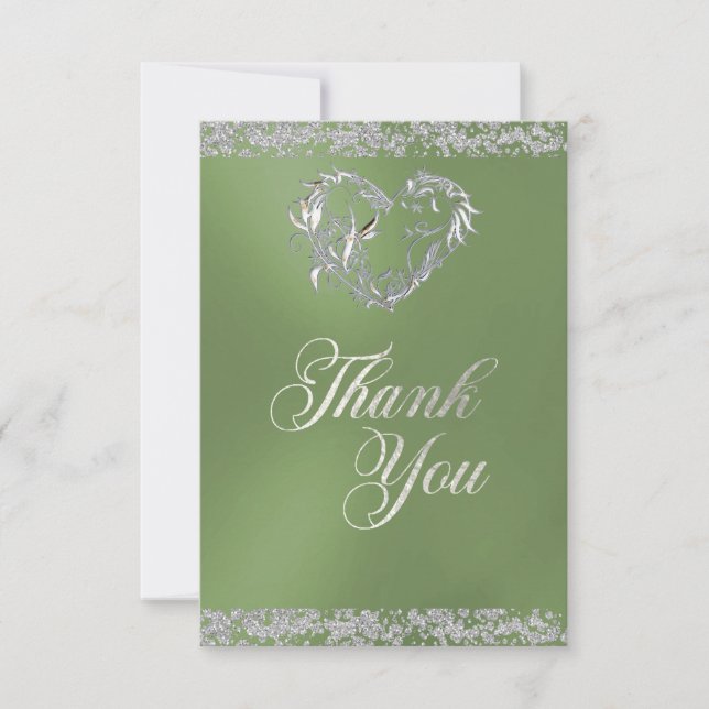 Romantic Heart & Glitter on Sage Thank You Card (Front)