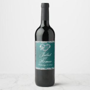 Romantic Heart & Glitter on Teal Wine Label
