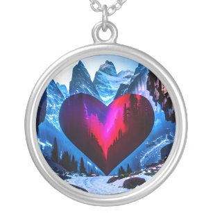 Romantic heart in a mountain. AI Silver Plated Necklace
