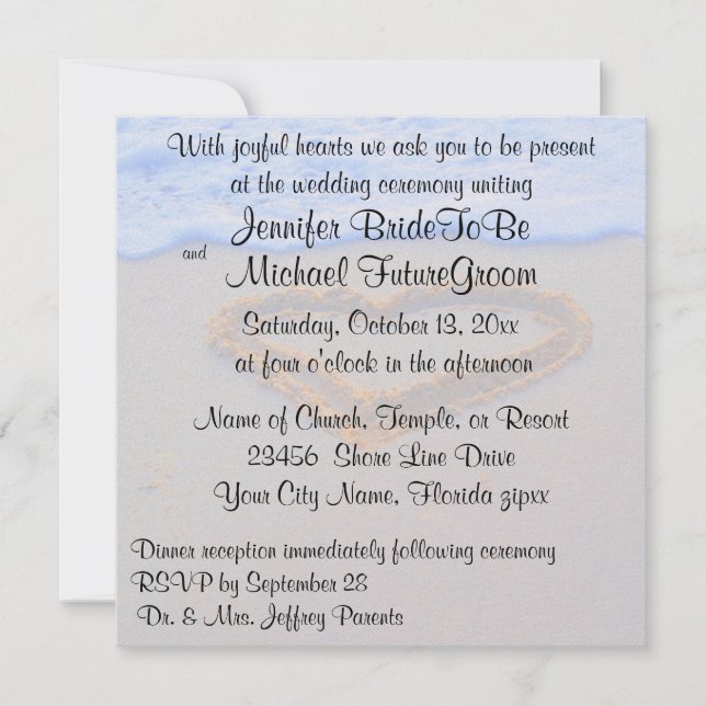 Romantic Heart in Sand beach Wedding Invitation (Front)