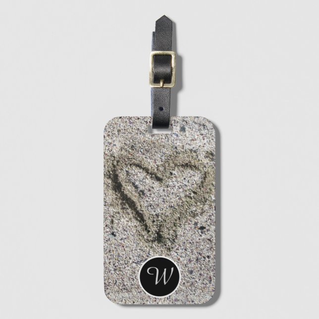 Romantic Heart in Sand Monogram Luggage Tag (Front Vertical)