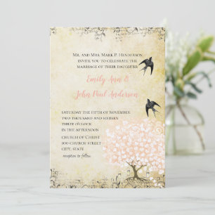Romantic Heart Leaf Blush Pink Love Bird Wedding Invitation