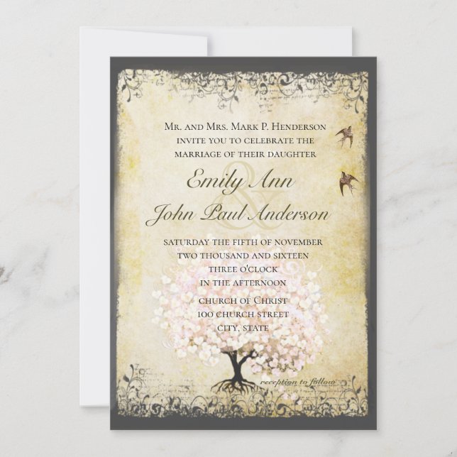 Romantic Heart Leaf Pink Tree Love Bird Wedding In Invitation (Front)