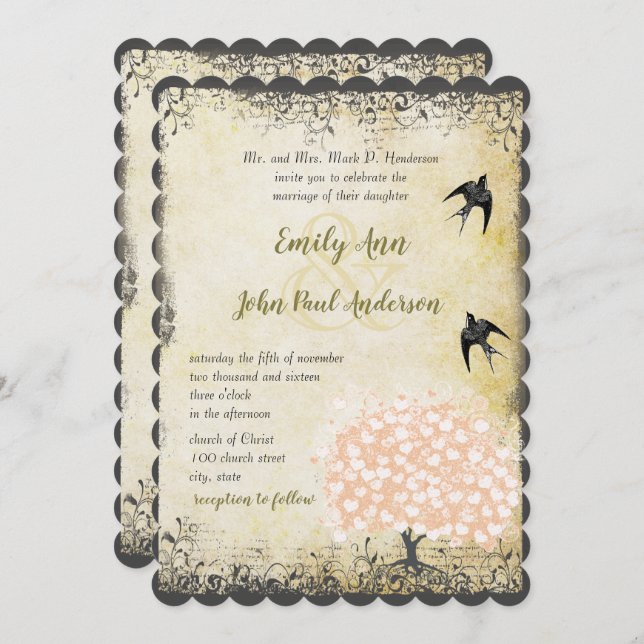 Romantic Heart Leaf Pink Tree Love Bird Wedding Invitation (Front/Back)