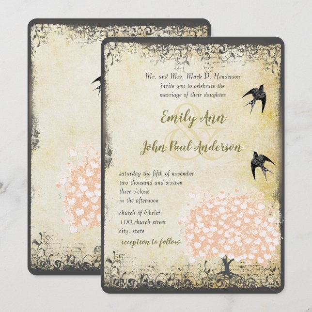 Romantic Heart Leaf Pink Tree Love Bird Wedding Invitation (Front/Back)