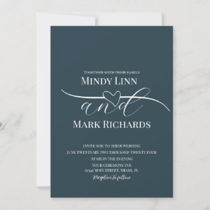 Romantic Heart Line Script Navy White Wedding Invitation