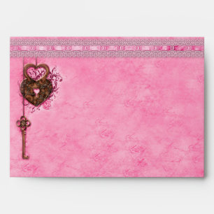 Romantic Heart Lock Key Faux Pink Lace Envelopes