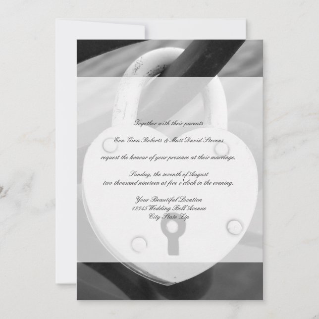Romantic heart love lock photo wedding invitations (Front)