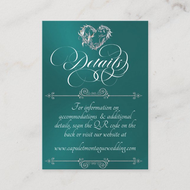 Romantic Heart, Monogram & QR Code - Teal Enclosure Card (Front)
