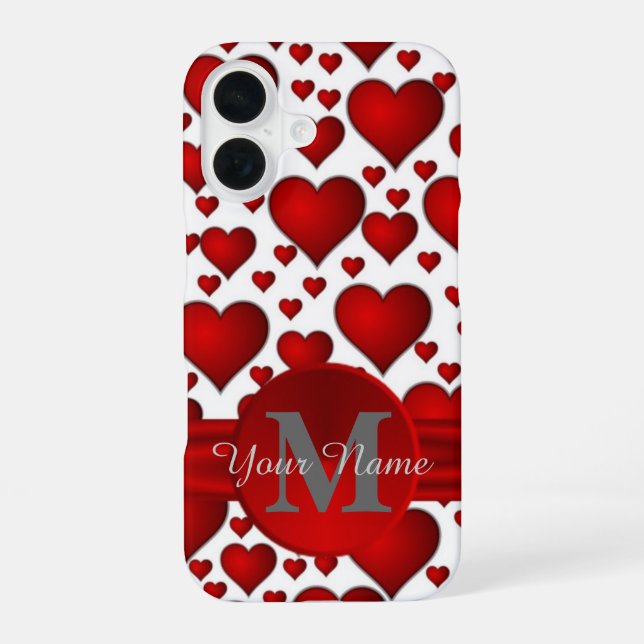 Romantic heart pattern monogrammed iPhone 16 case (Back)