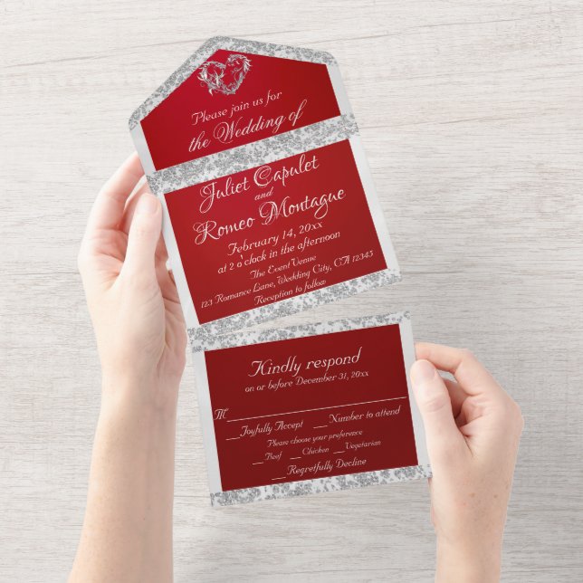 Romantic Heart, Ribbon & Glitter on Crimson All In One Invitation (Tearaway)