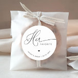 Romantic Heart Script Her Favourite Wedding Favour Classic Round Sticker<br><div class="desc">Introduce your guests to your favourite treats with these cute stickers,  featuring romantic heart script and classic typography.</div>