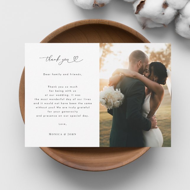 Romantic Heart Script Minimalist 2 Photo Wedding Thank You Card (Creator Uploaded)