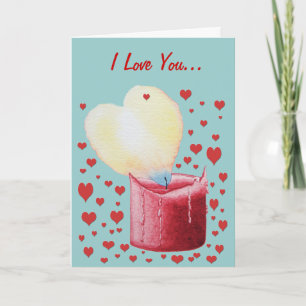 romantic heart shaped burning flame red candle art holiday card